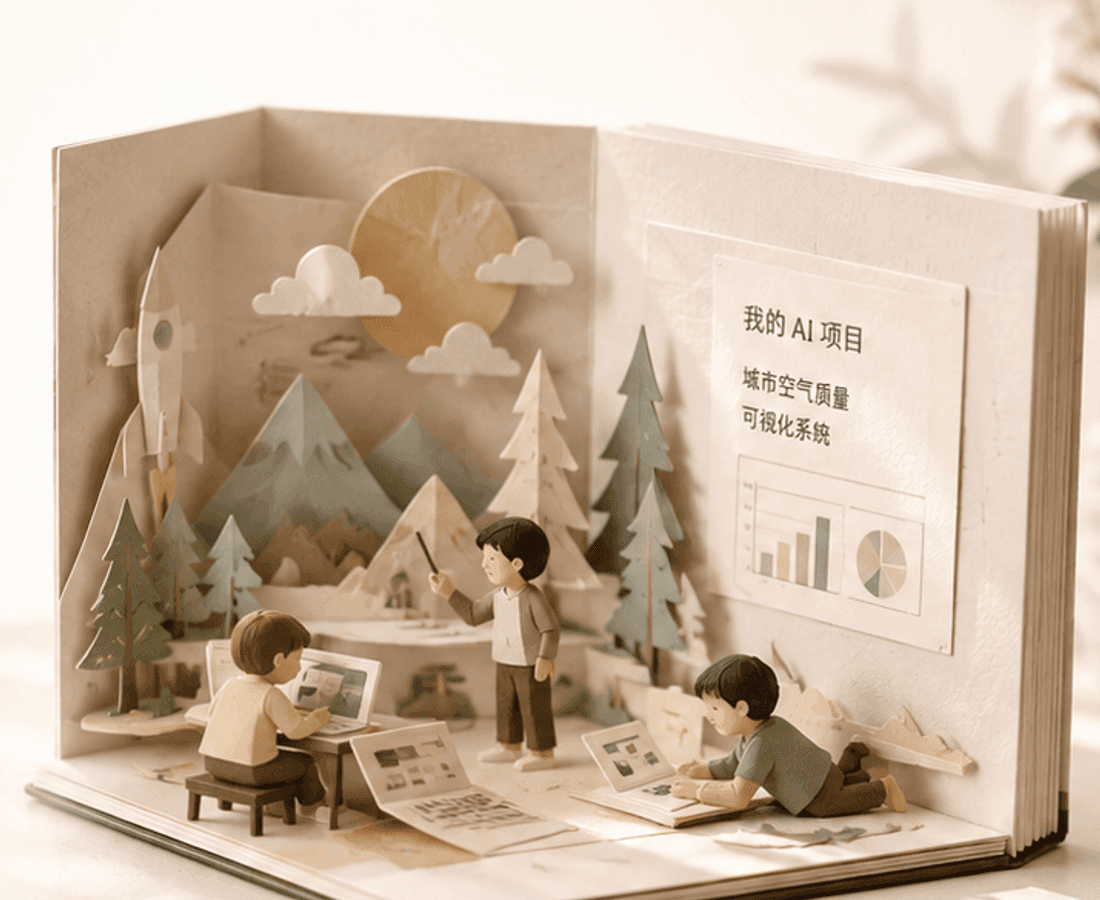 孩子们在纸艺森林教室里展示 AI 项目